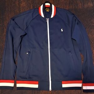 Polo by Ralph Lauren Men's Blue Bomber Jacket with Red and White Details